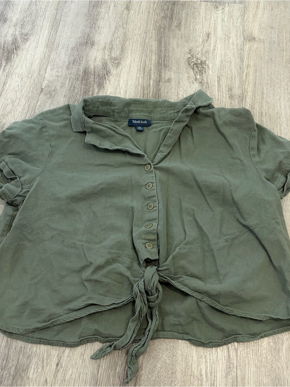 Modcloth Wisely Tied Cropped Shirt Button Up Womens XL Green Linen Blend Cottage